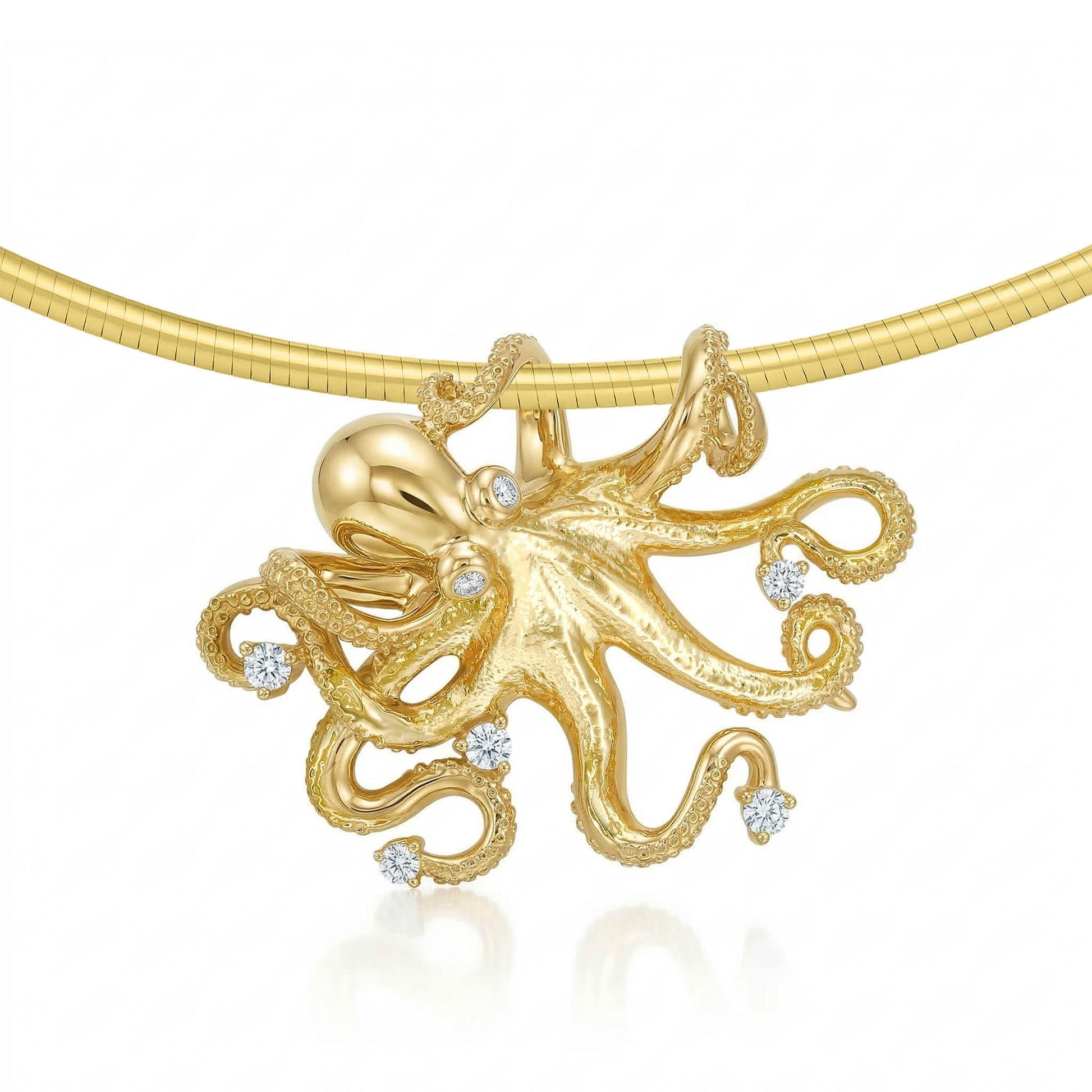 Textured tentacles curl around a 14k gold necklace in this diamond-detailed octopus pendant design. Item No. 40767