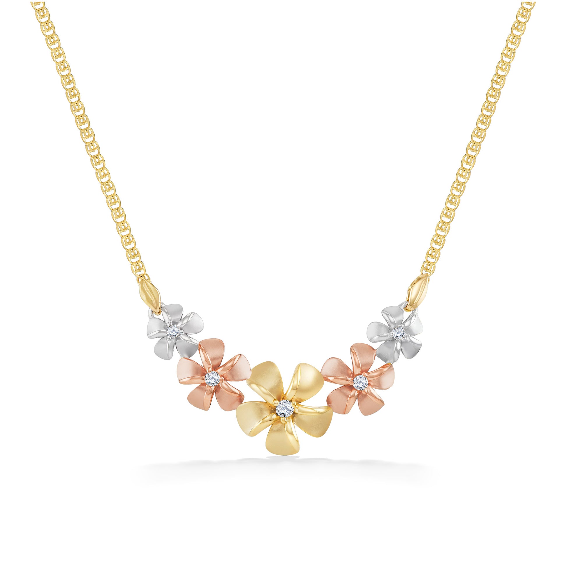 Tri-color plumeria necklace with yellow, white & rose gold plumerias accented by center diamonds. Item No. 41616
