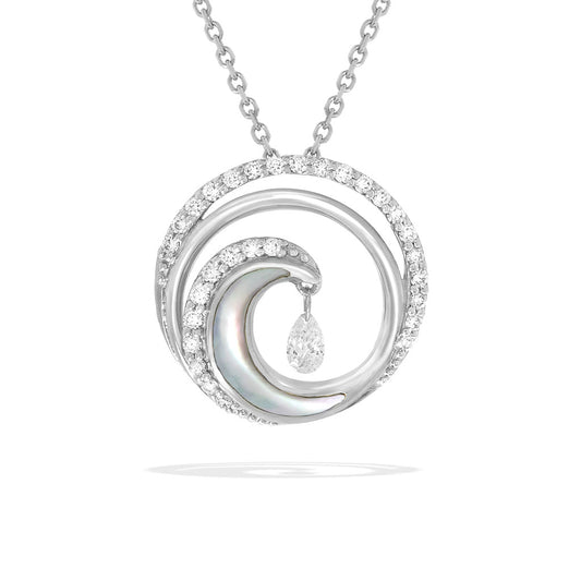 Ultimate wave pendant in 14k gold with diamond accents, mother-of-pearl detail, & pear-shaped shimmer diamond. Item No. 41700