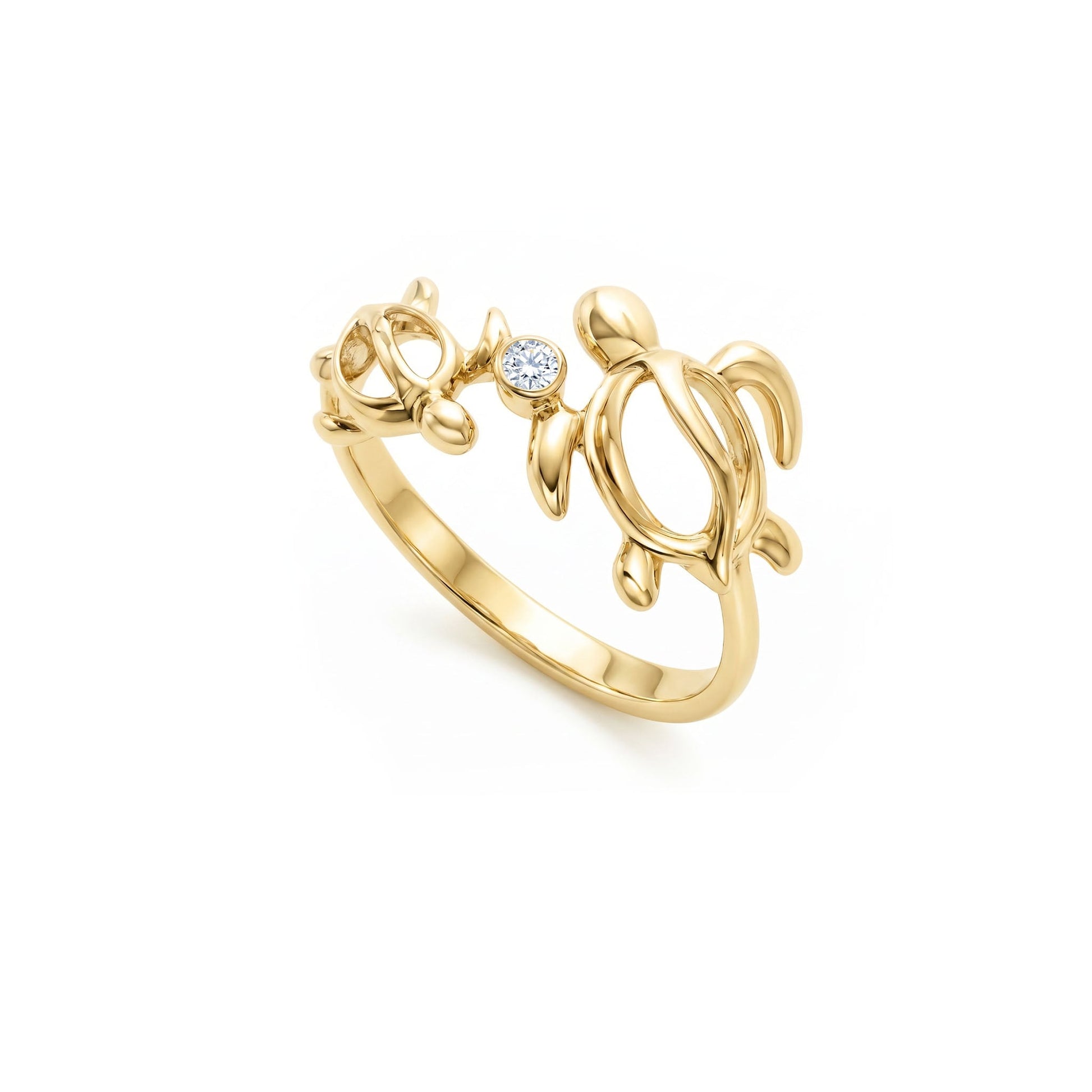 Bypass style 14k yellow gold double honu ring with a bezel set sparkling, center diamond. Item No. 41406