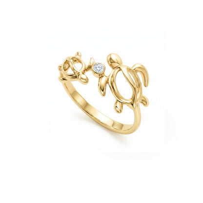 Bypass style 14k yellow gold double honu ring with a bezel set sparkling, center diamond. Item No. 41406
