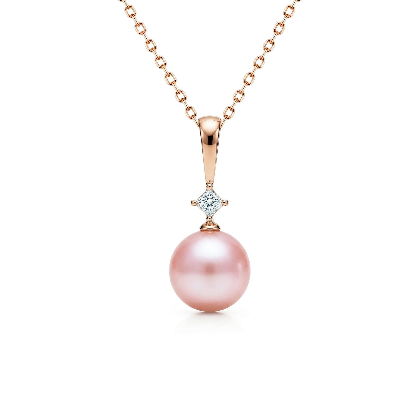 Natural Pink Freshwater 7mm Pearl with sparkly diamond on top, attached to rose gold bail. Item No. 41377