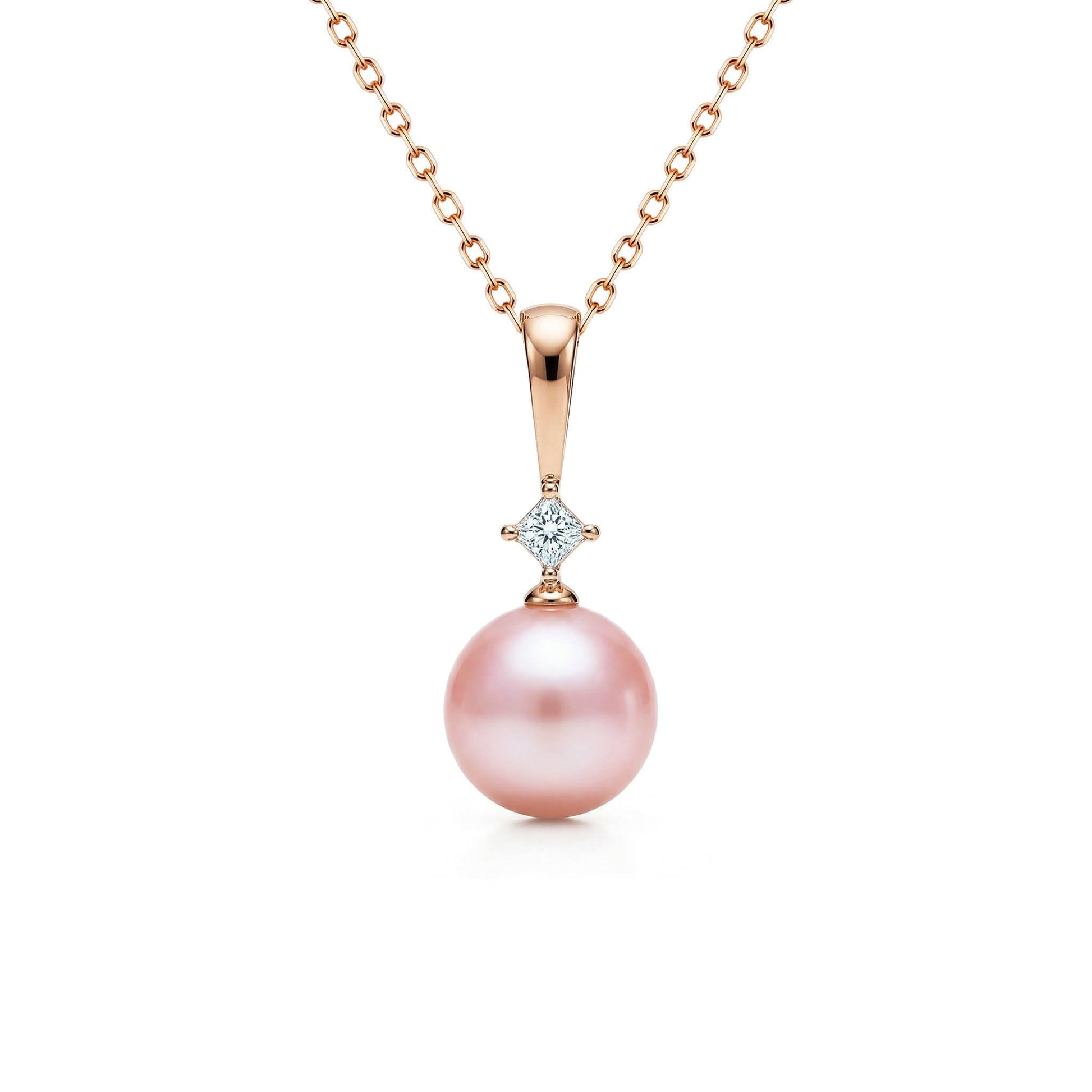 Natural Pink Freshwater 7mm Pearl with sparkly diamond on top, attached to rose gold bail. Item No. 41377