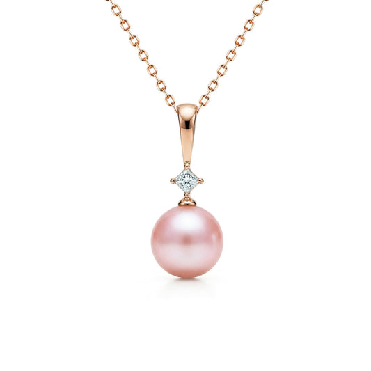 Natural Pink Freshwater 7mm Pearl with sparkly diamond on top, attached to rose gold bail. Item No. 41377
