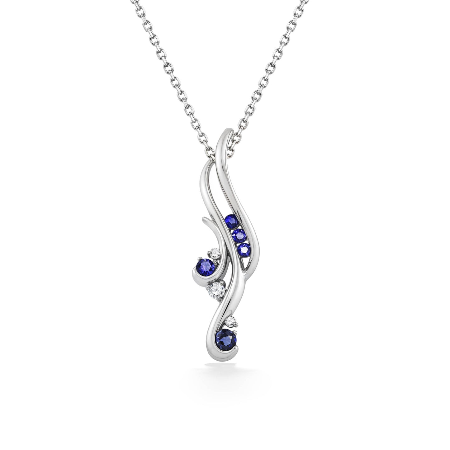 White gold pendant with a flowing waterfall design, featuring deep blue sapphires & sparkling white diamonds. Item No. 40553