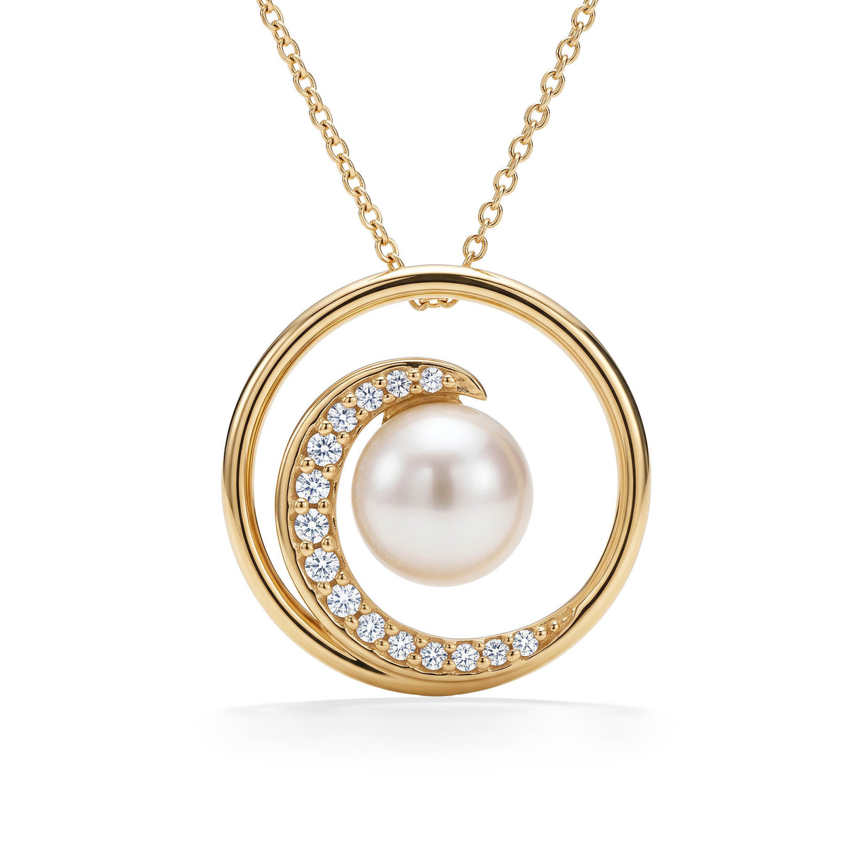 White akoya 7mm pearl pendant made in 14k yellow gold with a diamond-accented wave design. Item No. 43049