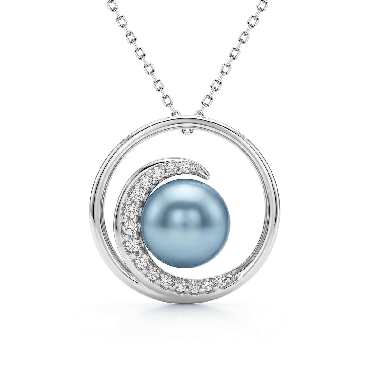 White gold pendant necklace with a blue Akoya pearl framed by a curved diamond-accented wave design. Item No. 43051