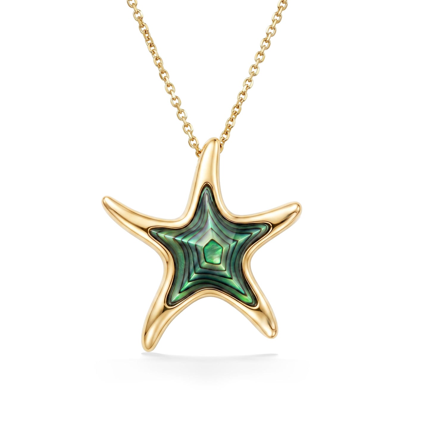 Starfish pendant set in 14k yellow gold with an abalone inlay inside, hung on a yellow gold chain. Item No. 43251