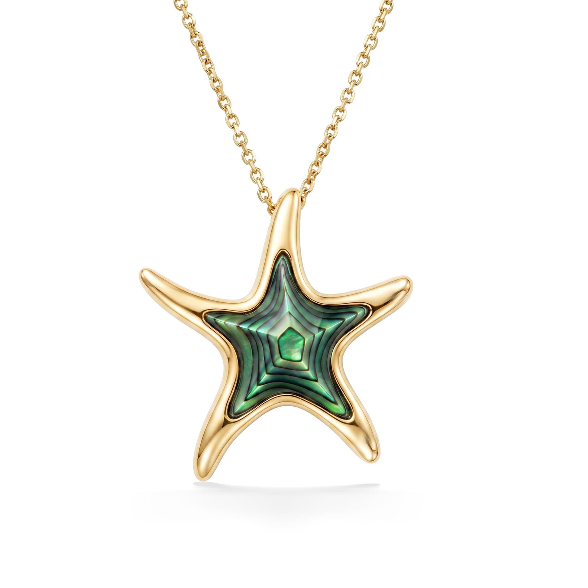 Starfish pendant set in 14k yellow gold with an abalone inlay inside, hung on a yellow gold chain. Item No. 43251