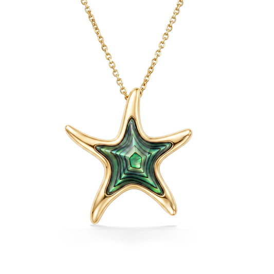 Starfish pendant set in 14k yellow gold with an abalone inlay inside, hung on a yellow gold chain. Item No. 43251
