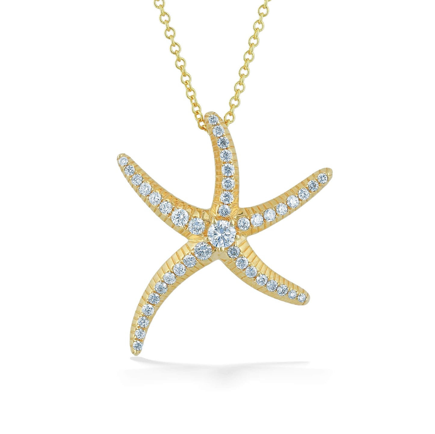 Slim and elegantly detailed 14k yellow gold starfish pendant necklace lined with diamonds. Item No. 770531