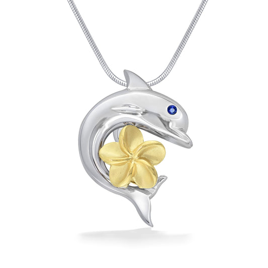 43494 - 14K Yellow Gold and Sterling Silver - Dolphin and Plumeria Pendant