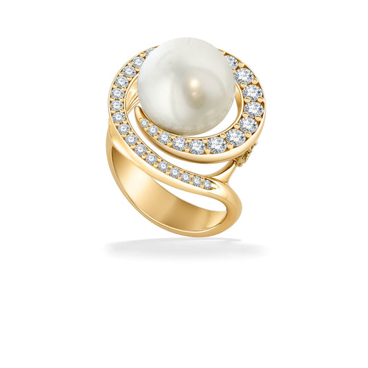 Yellow gold ring with a diamond-lined halo-like setting and a center 11mm white South Sea pearl. Item No. 43508