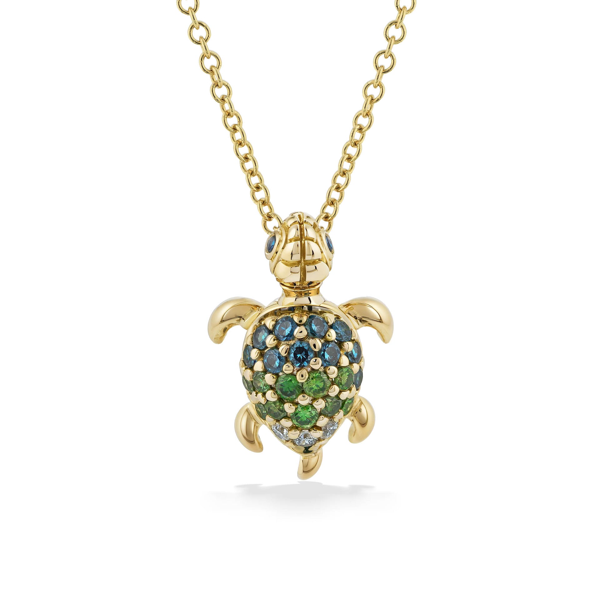 Charming 14k yellow gold turtle pendant with multicolor diamonds in an ombre effect. Item No. 771289