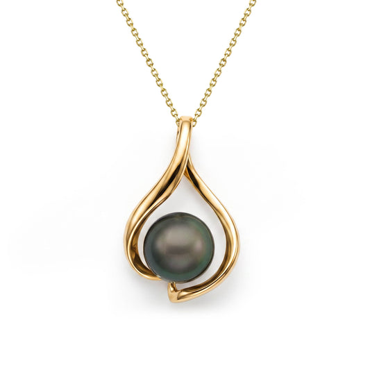 Sleek 14k yellow gold pendant with a 9mm tahitian pearl framed in a modern open teardrop design. Item No. 43807