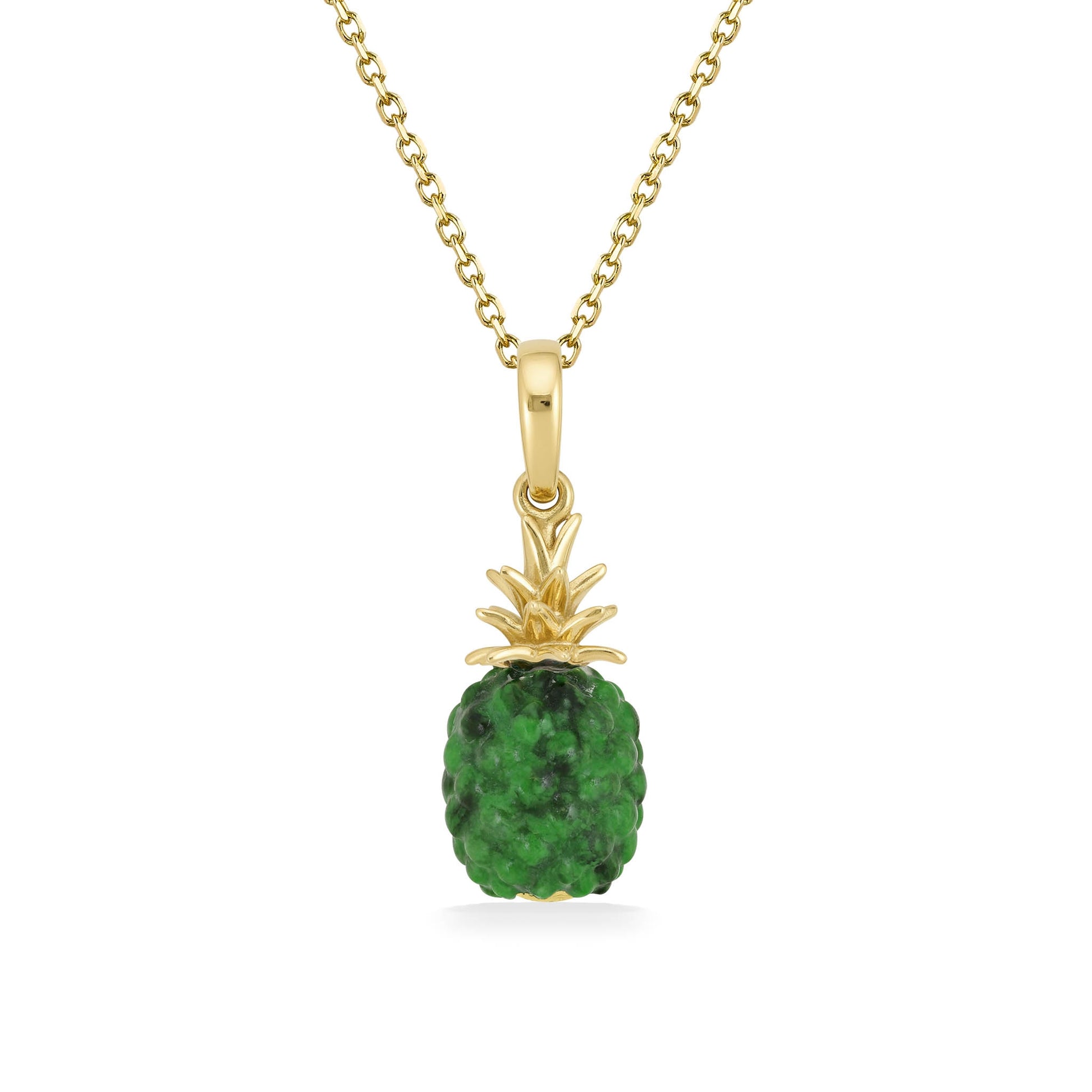 This pineapple pendant highlight rich green maw sit sit carved stone texture capped with polished gold leaves. Item No. 43528