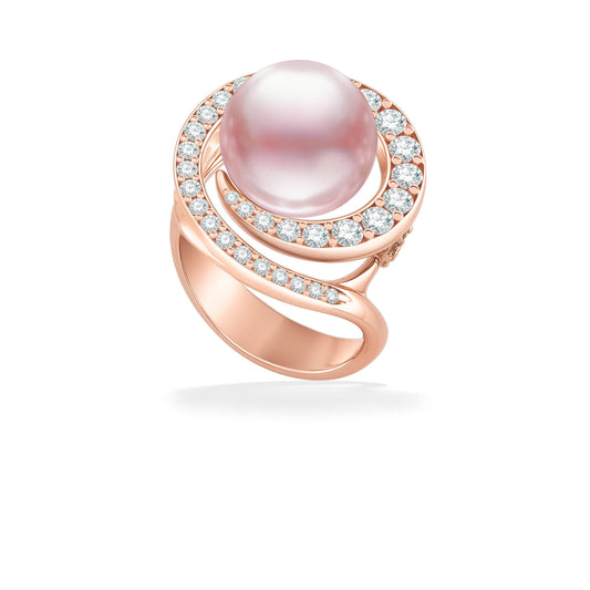 Rose gold ring with an 11mm pink freshwater pearl and diamond-lined accented wave setting. Item No. 43554