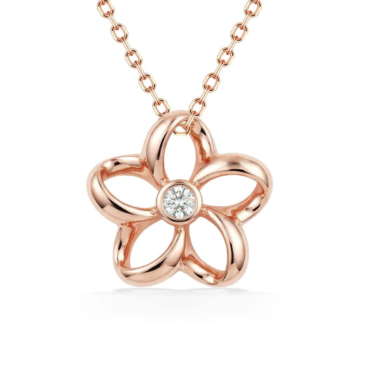 Rose gold floating plumeria pendant with a bezel-set diamond in the center of the flower. Item No. 43636