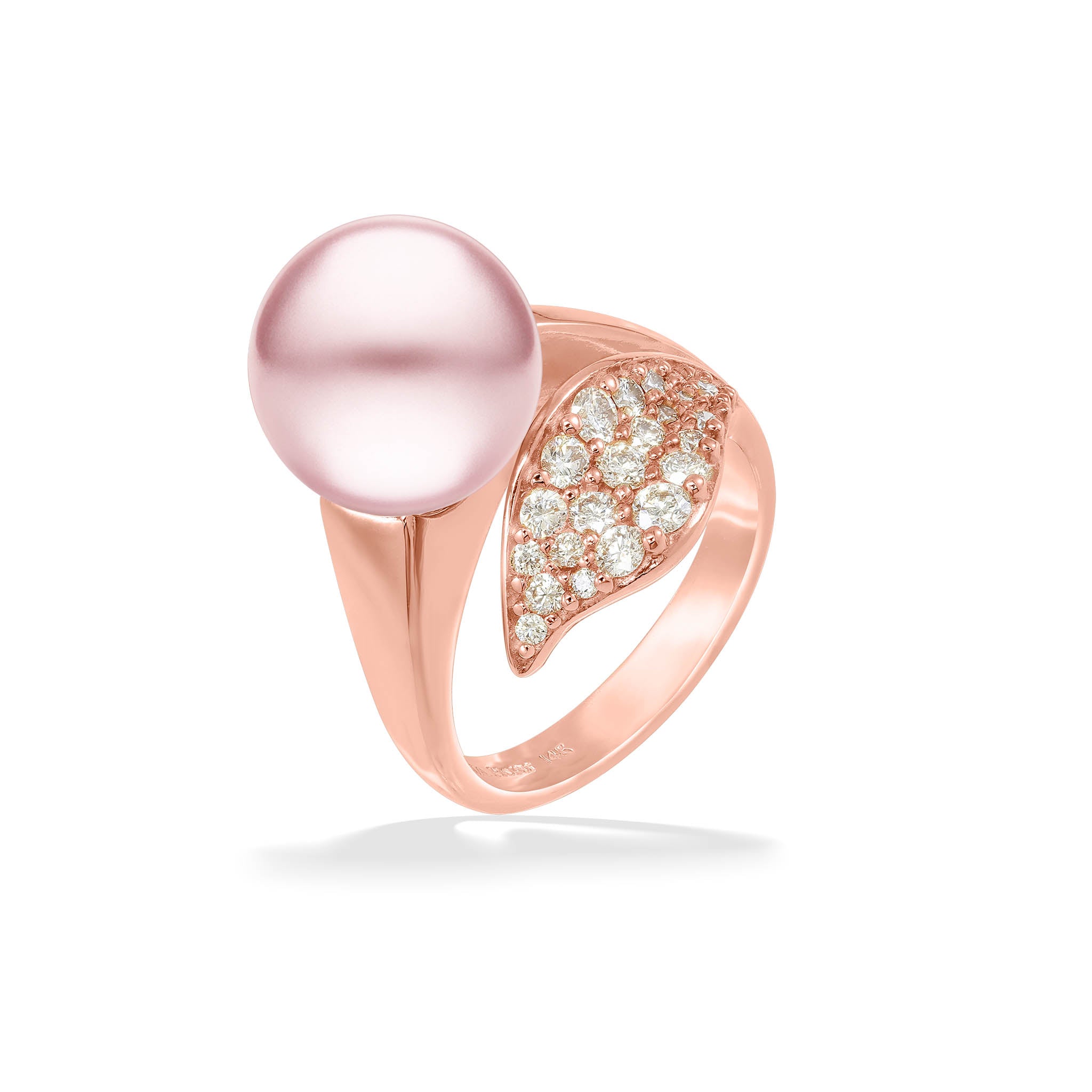 18ct Rose Gold Fresh Water Pink Pearl Dress Ring With Diamond Shoulder