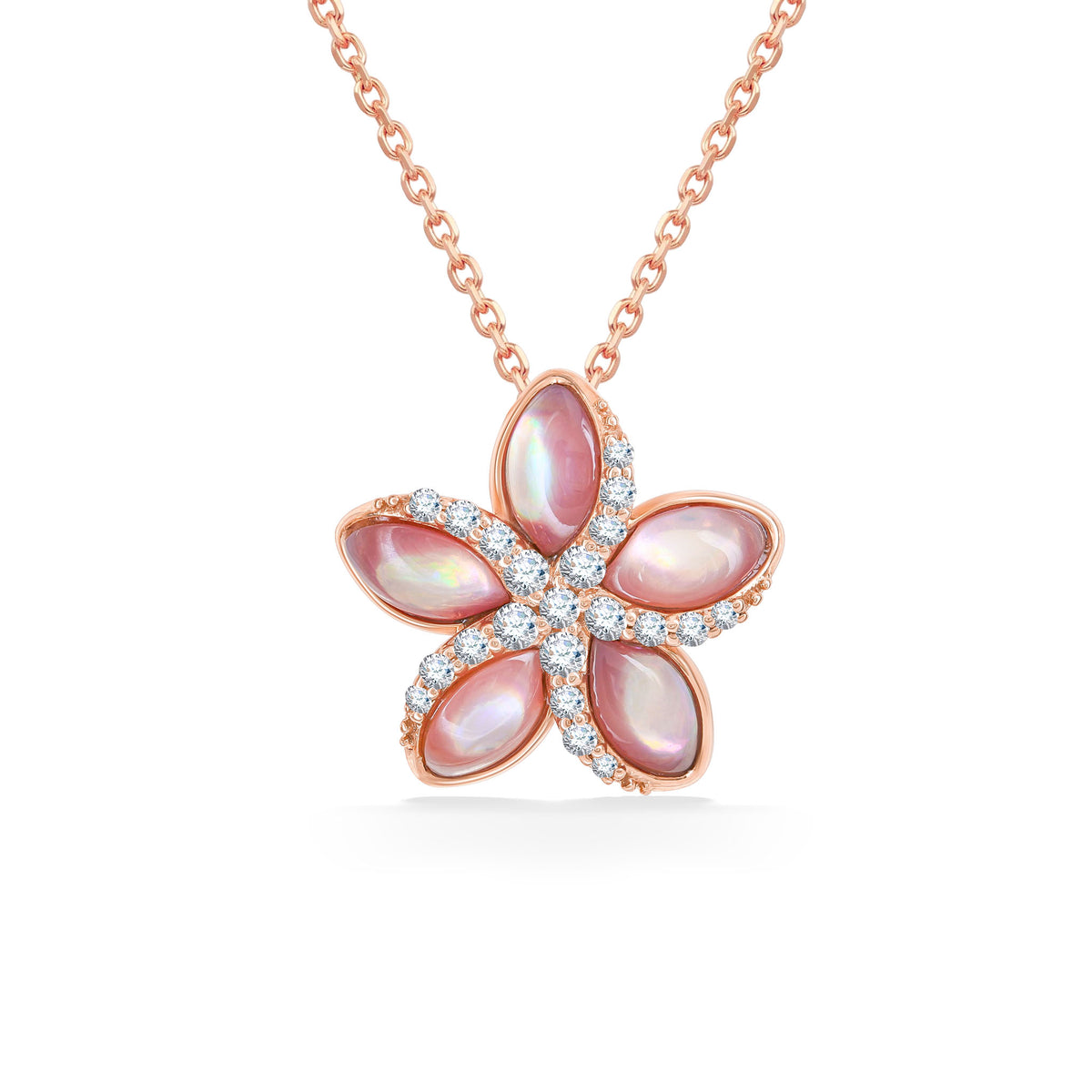 Rose gold plumeria pendant with pink mother of pearl inlay. Diamonds cascading out from center of flower. Item No. 43730