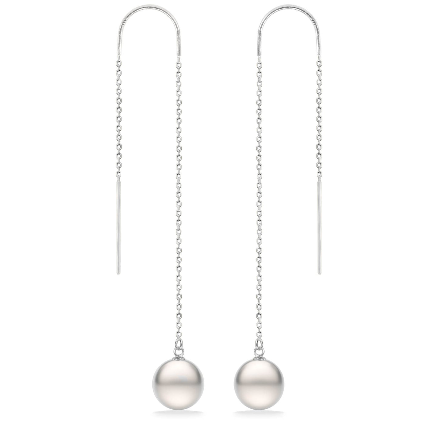 Minimalist threader earrings with white Akoya pearls and delicate 14k white gold chain drops. Item No. 44126