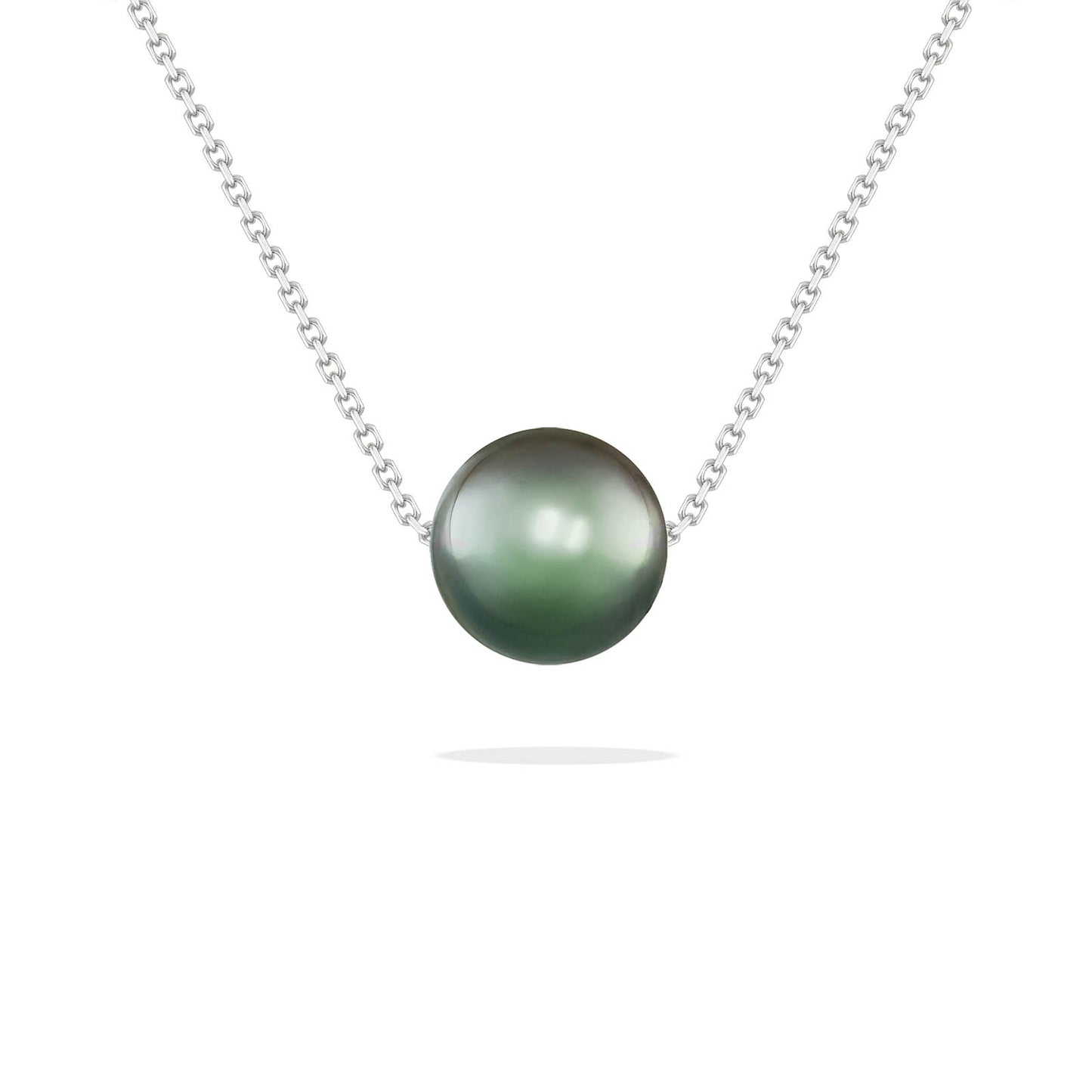 White gold slider necklace with a centered 7mm peacock Akoya pearl on a fine looking chain. Item No. 44141