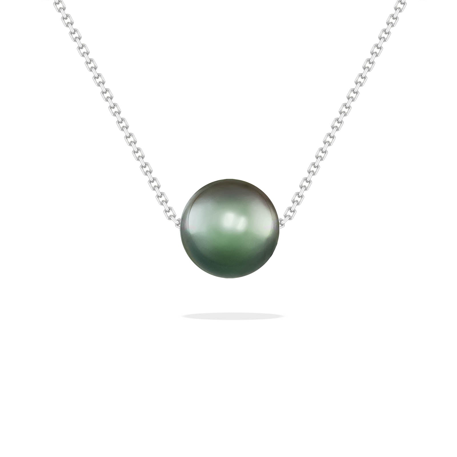 White gold slider necklace with a centered 7mm peacock Akoya pearl on a fine looking chain. Item No. 44141