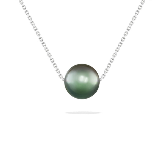 White gold slider necklace with a centered 7mm peacock Akoya pearl on a fine looking chain. Item No. 44141