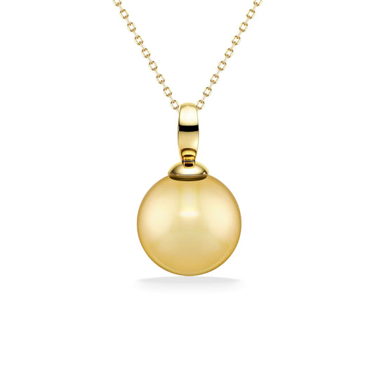 Polished 9mm Golden South Sea pearl classic pendant suspended from a 14K yellow gold chain. Item No. 44159