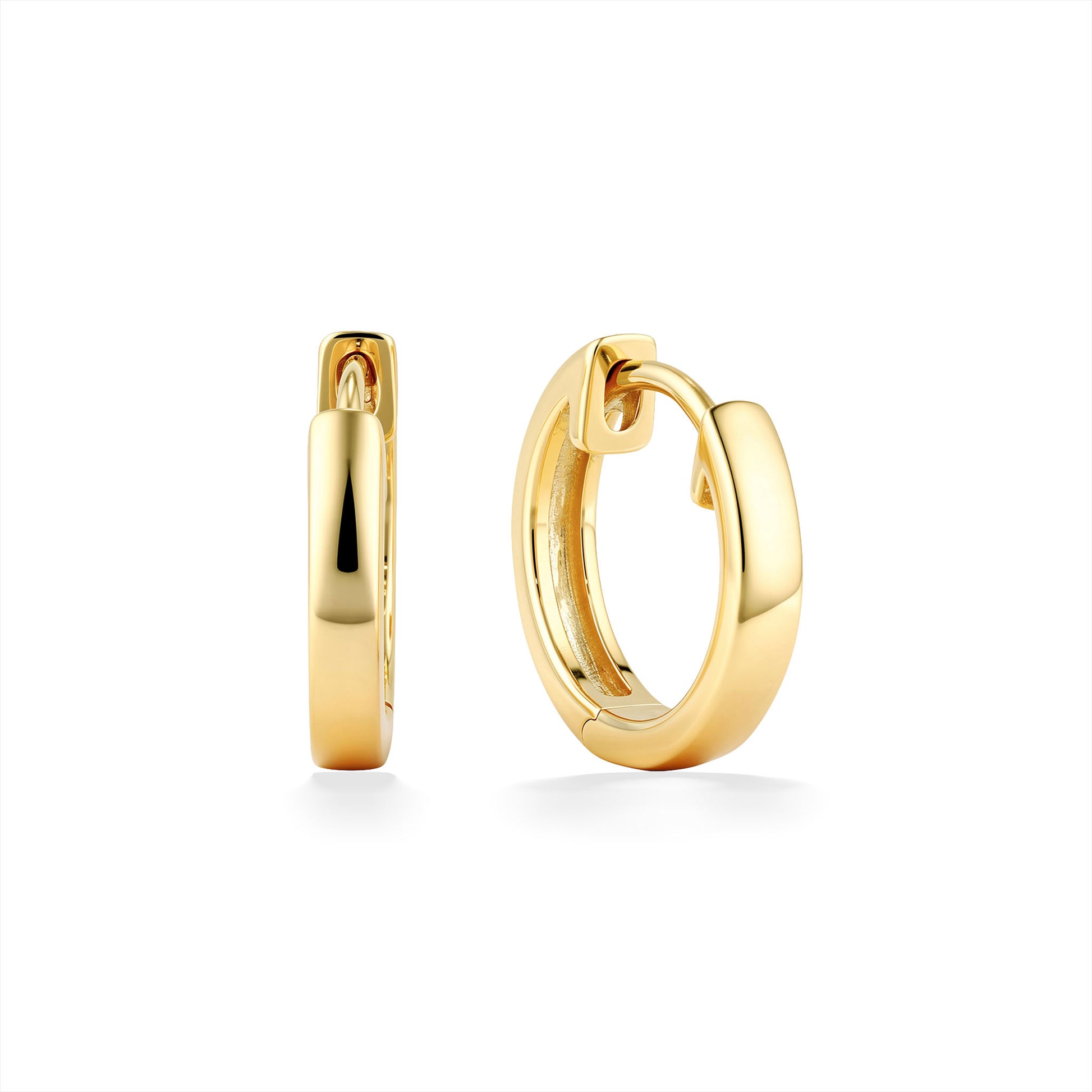 Polished 14K yellow gold huggie earrings with smooth rounded profile & hinged clasp; front & side view. Item No. 777231