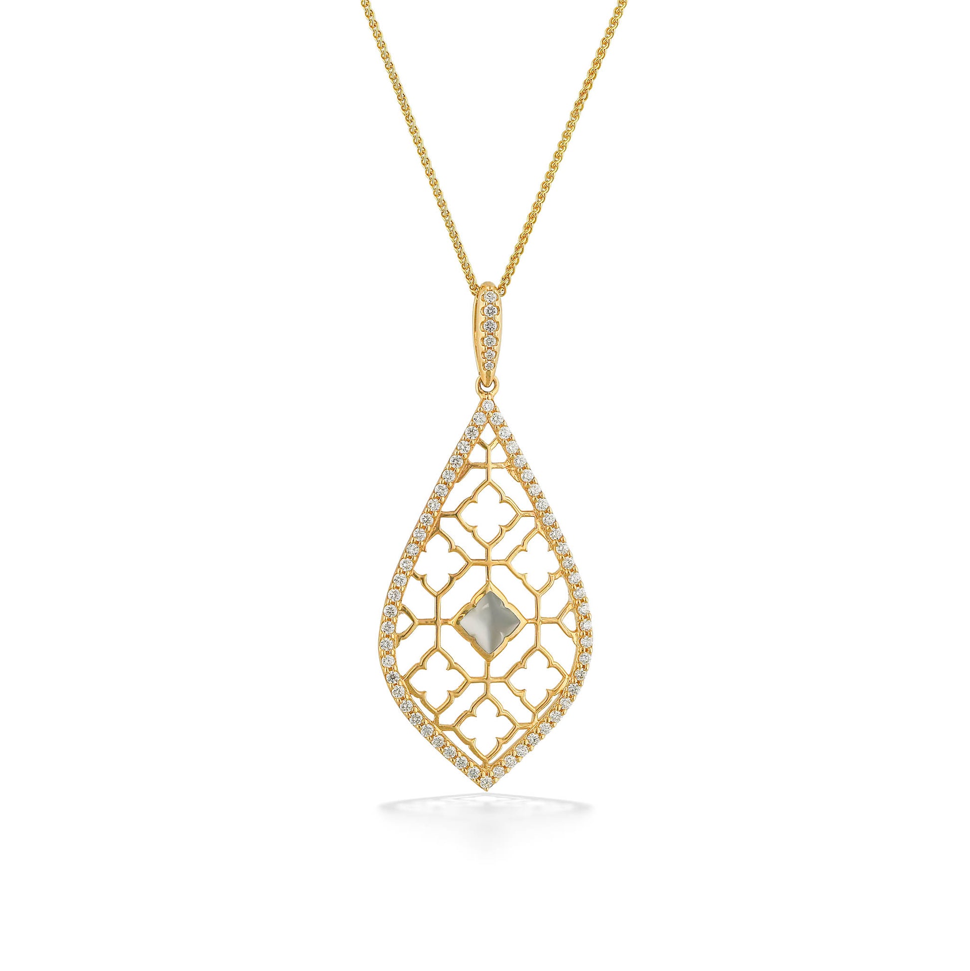 Pear-shaped gold pendant featuring Alhambra inspired filigree, diamond border & white mother of pearl center. Item No. 722475