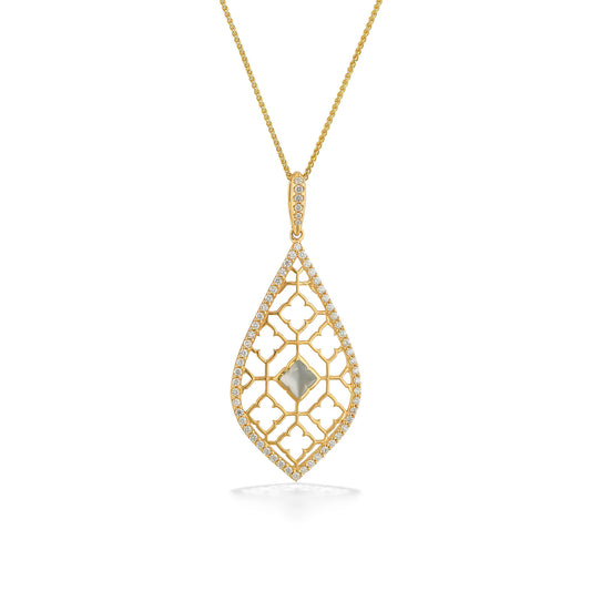Pear-shaped gold pendant featuring Alhambra inspired filigree, diamond border & white mother of pearl center. Item No. 722475