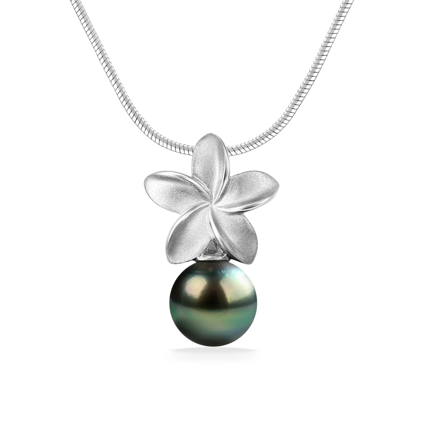Tight shot of matte finished sterling silver plumeria on top of a 9mm tahitian pearl on the bottom. Item No. 44313