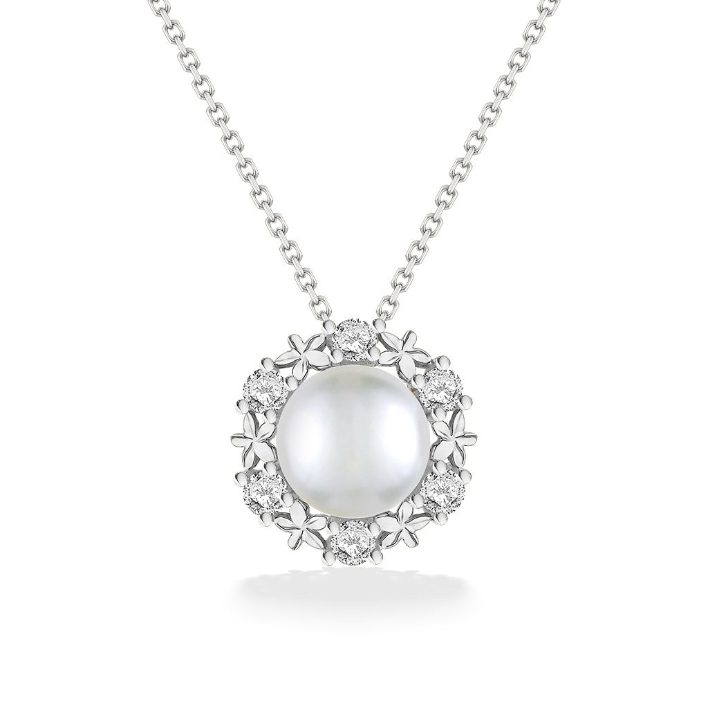 White gold Pua Lei pendant with luminous Akoya pearl surrounded by diamond accents in a floral-inspired setting. ItemNo.44308