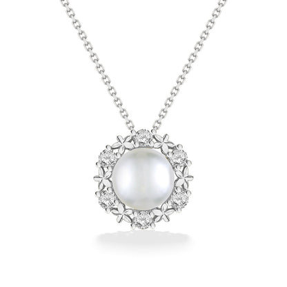 White gold Pua Lei pendant with luminous Akoya pearl surrounded by diamond accents in a floral-inspired setting. ItemNo.44308