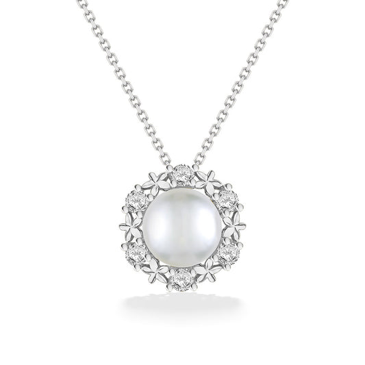 White gold Pua Lei pendant with luminous Akoya pearl surrounded by diamond accents in a floral-inspired setting. ItemNo.44308