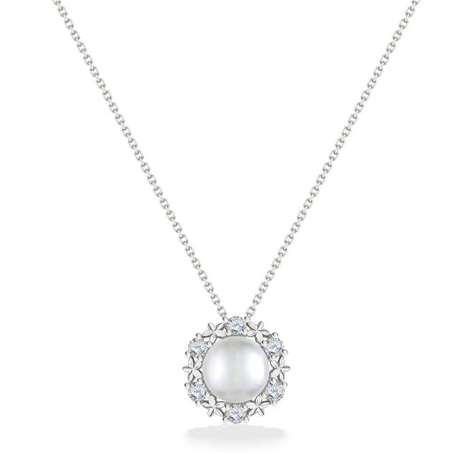 Front view of white gold pearl pendant showcasing diamond accents arranged in a plumeria-style halo. Item No. 44308