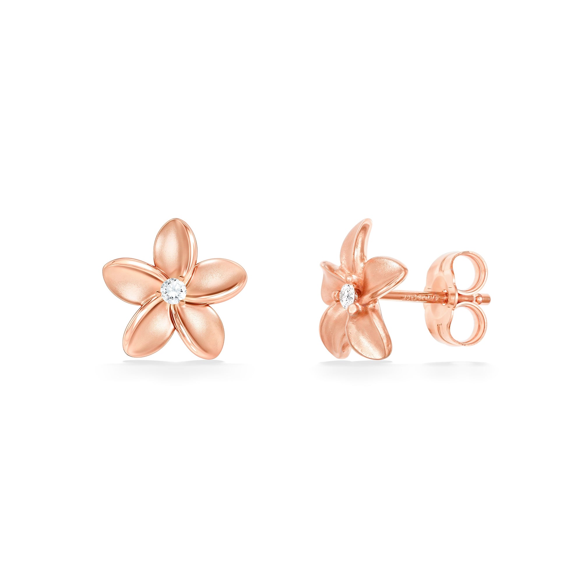Classic plumeria stud earrings in 14k rose gold with sparkly center diamonds in each flower. Item No. 44366