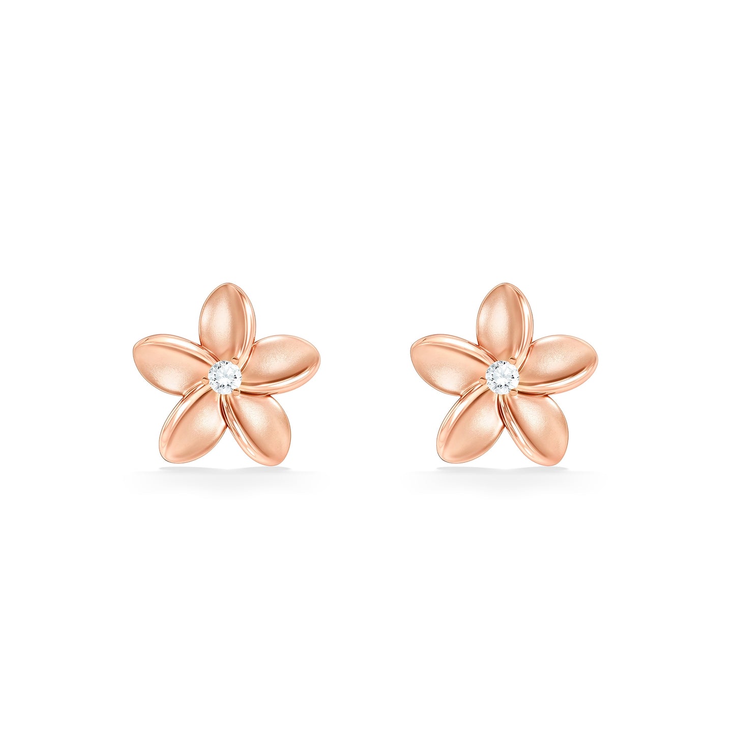 Partial view of right side rose gold plumeria, highlighting the post and earnut used. Item No. 44366