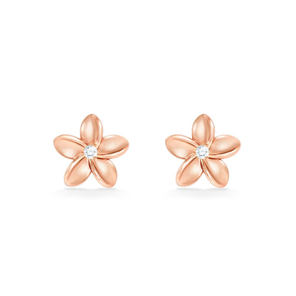 Partial view of right side rose gold plumeria, highlighting the post and earnut used. Item No. 44366