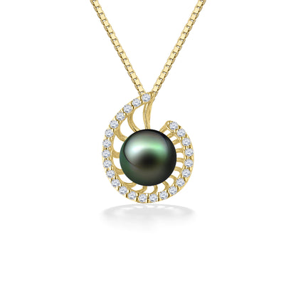 Nautilus pendant in 14K yellow gold, featuring a 9mm Tahitian pearl and diamonds on gold chain. Item 44409