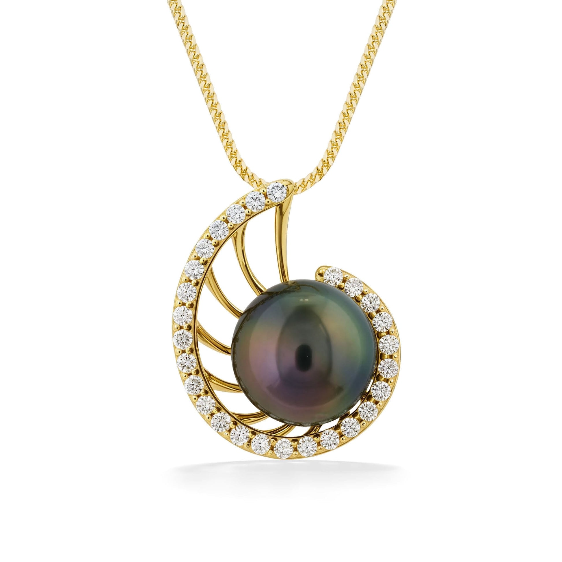 Nautilus pendant in 14K yellow gold, featuring a 9mm Tahitian pearl and diamonds on gold chain. Item 44409