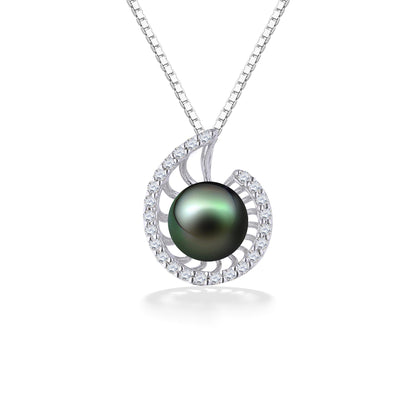 Nautilus-shaped pendant in white gold with a 9mm Tahitian pearl & diamond accents; inspired by oceanic shells. Item 44410