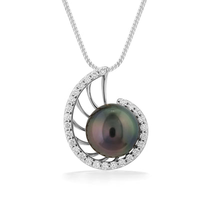 Nautilus-shaped pendant in white gold with a 9mm Tahitian pearl & diamond accents; inspired by oceanic shells. Item 44410