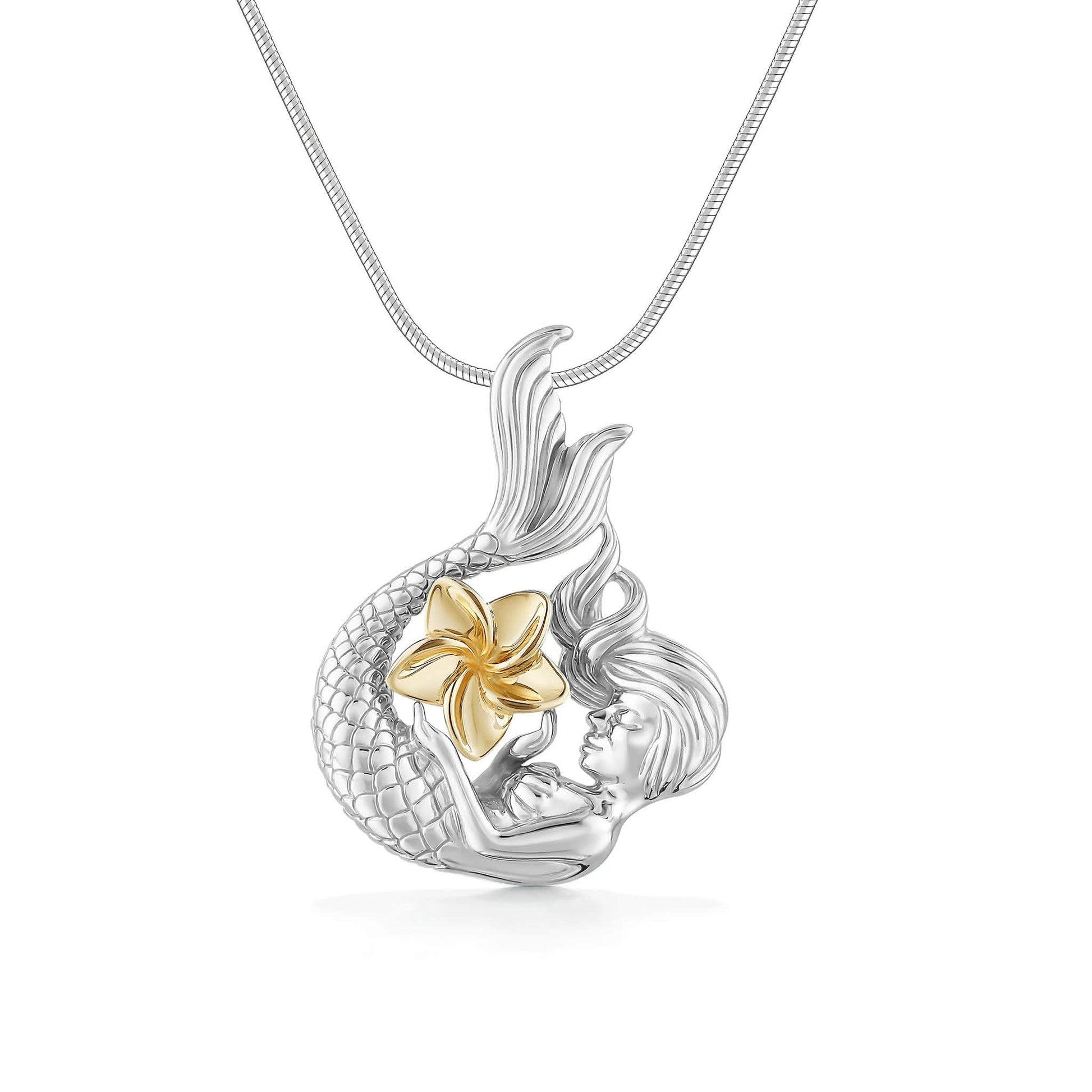 Realistic sterling silver mermaid pendant holding a 14k yellow gold plumeria flower on snake chain necklace. Item No. 44473