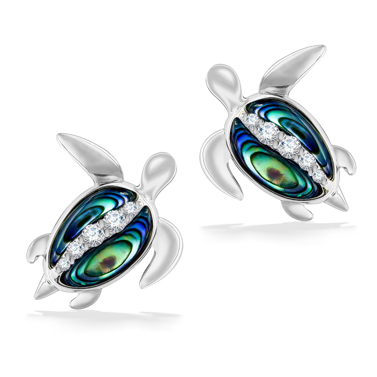Honu (Hawaiian Sea Turtle) stud earrings in 14K white gold with abalone inlay shell & diamond accent center. Item No. 44475