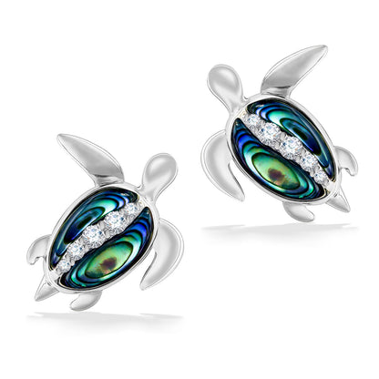 Honu (Hawaiian Sea Turtle) stud earrings in 14K white gold with abalone inlay shell & diamond accent center. Item No. 44475