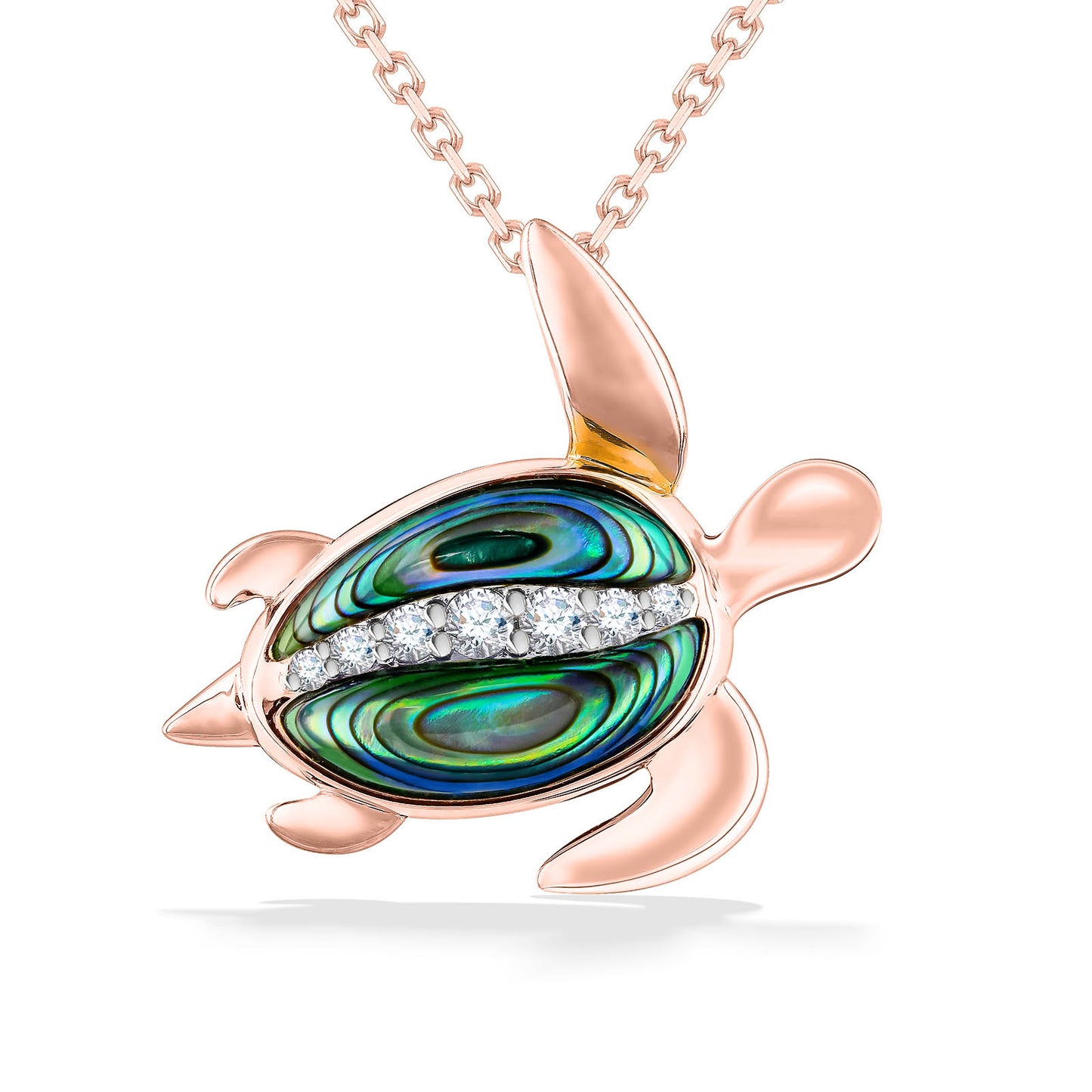 Rose gold Honu pendant with abalone inlay shell & a wavy pavé-set diamond line in between the abalone inlay. Item No. 44476