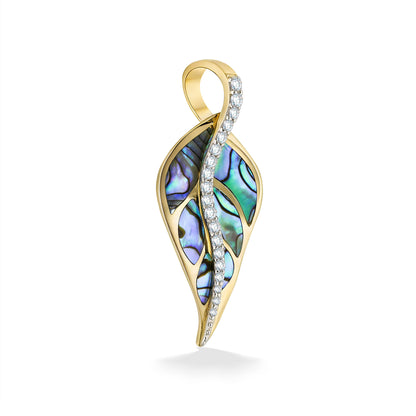 Maile leaf pendant in gold with center diamonds up to the stem that curves into a bale & abalone inlay leaf. Item No. 44485