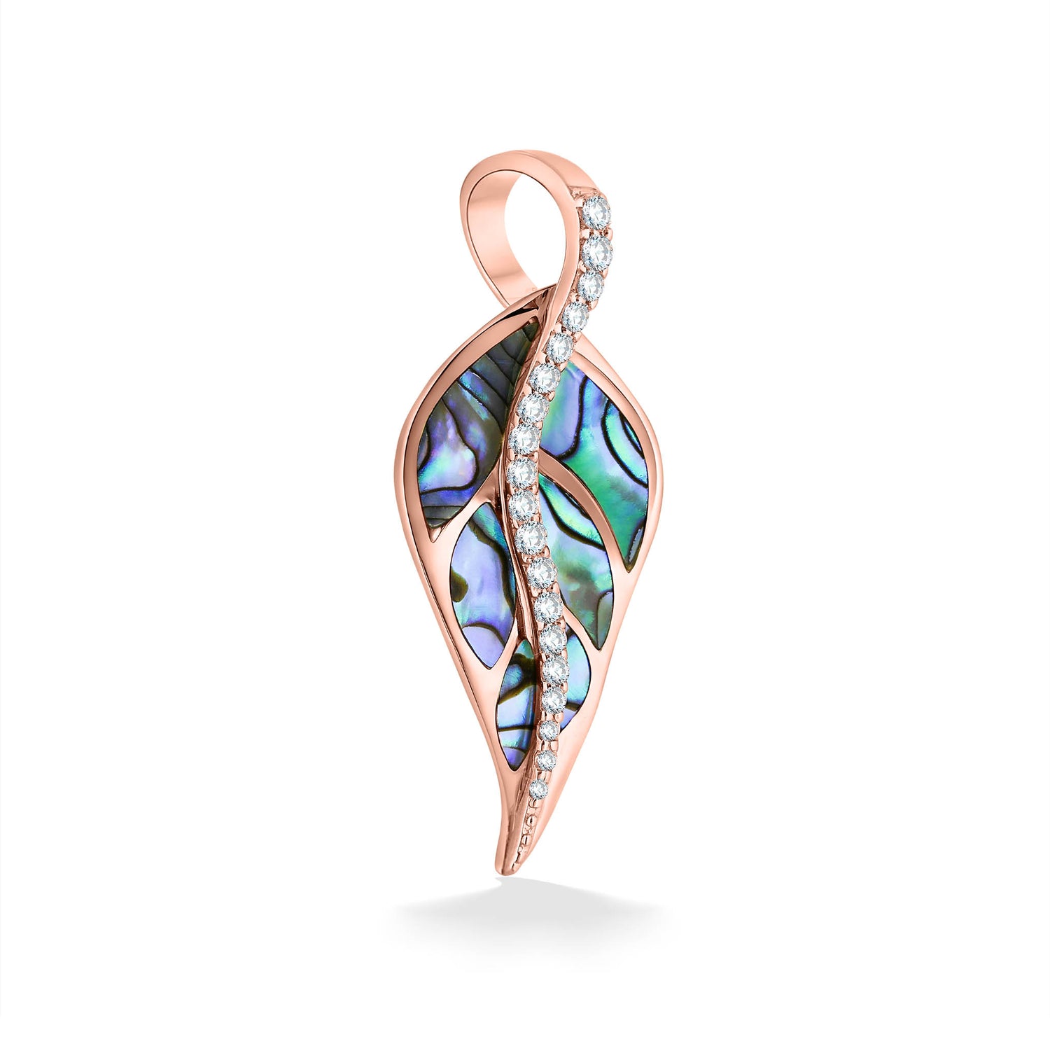 Rose gold maile leaf pendant with abalone inlay & diamonds lining the center to the bail. Bail is shown atop. Item No. 44490